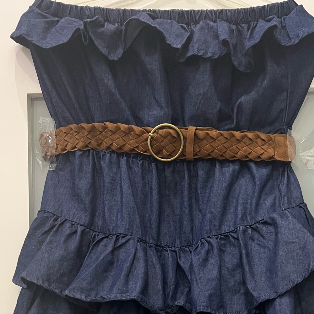 BRAND NEW (w/out tag) BBJ Denim Ruffled Strapless Mini Dress w/Braided Belt L - Picture 2 of 2
